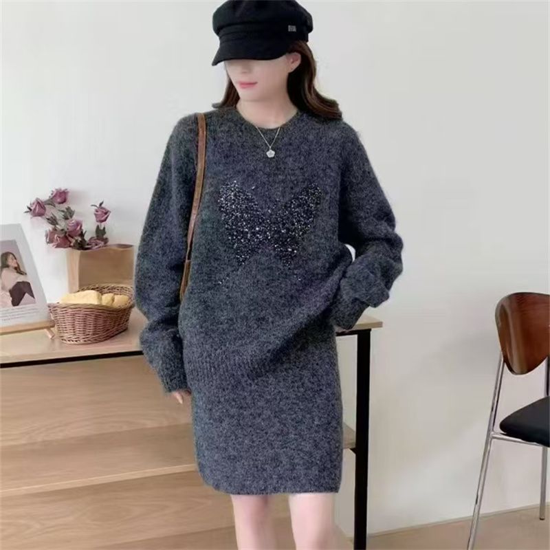 2025秋冬提花新款针织毛衣女装蝴蝶慵懒圆领套头半身裙两件套短裙|undefined