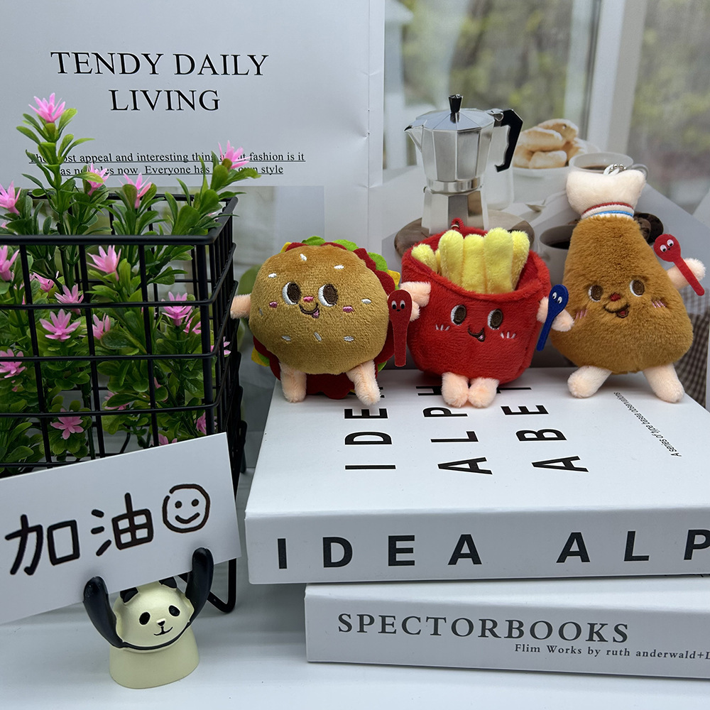 Hamburger, chicken leg, fries food-shaped toys, plush dolls, cute keychains, bag charms, scene decorations