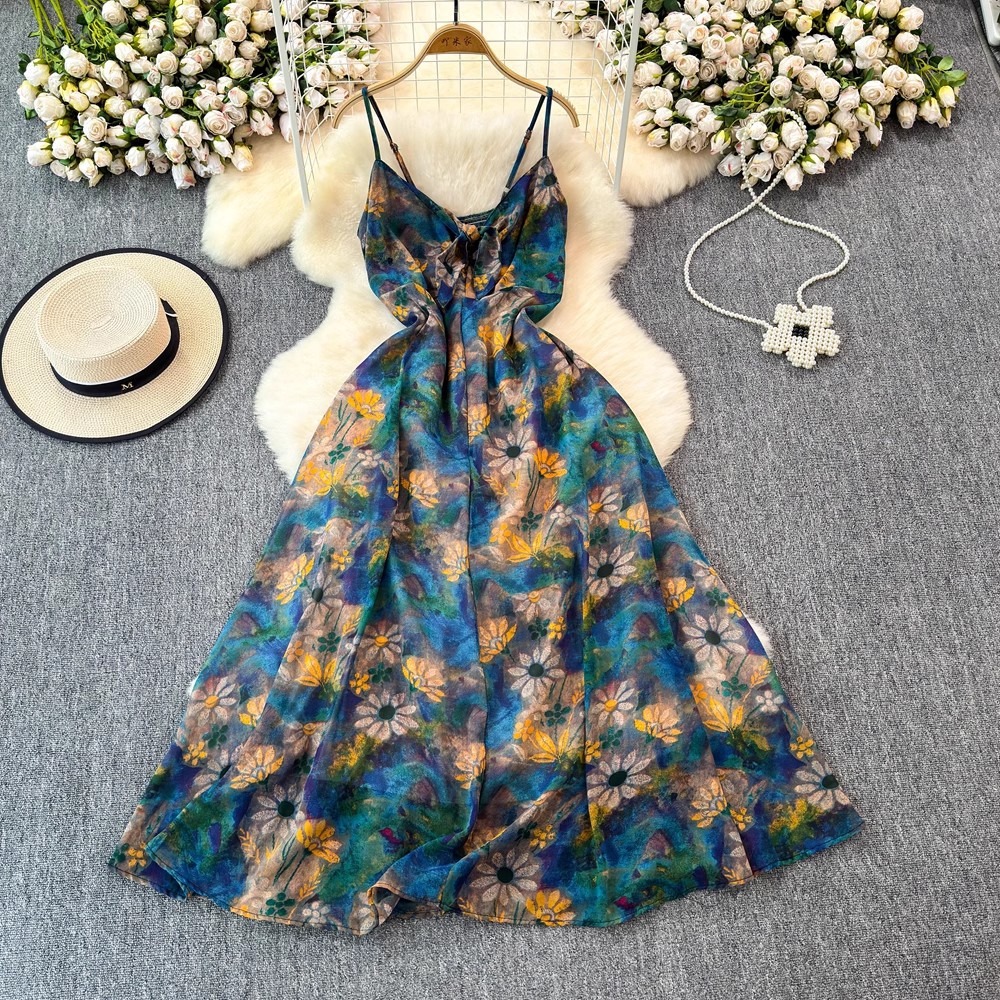 Colorful Floral V-Neck Strap For Women Summer Bohemian Niche Beach Vacation Style A-Line Long Dress_ecoleips.com