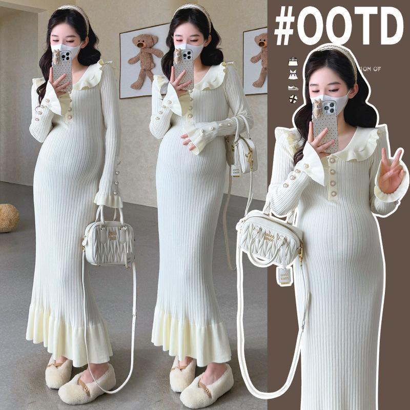 Maternity Wear 2025 New Winter Knitted Bottoming Dress for Pregnant Mothers French Style Beautiful Dress Autumn and Winter