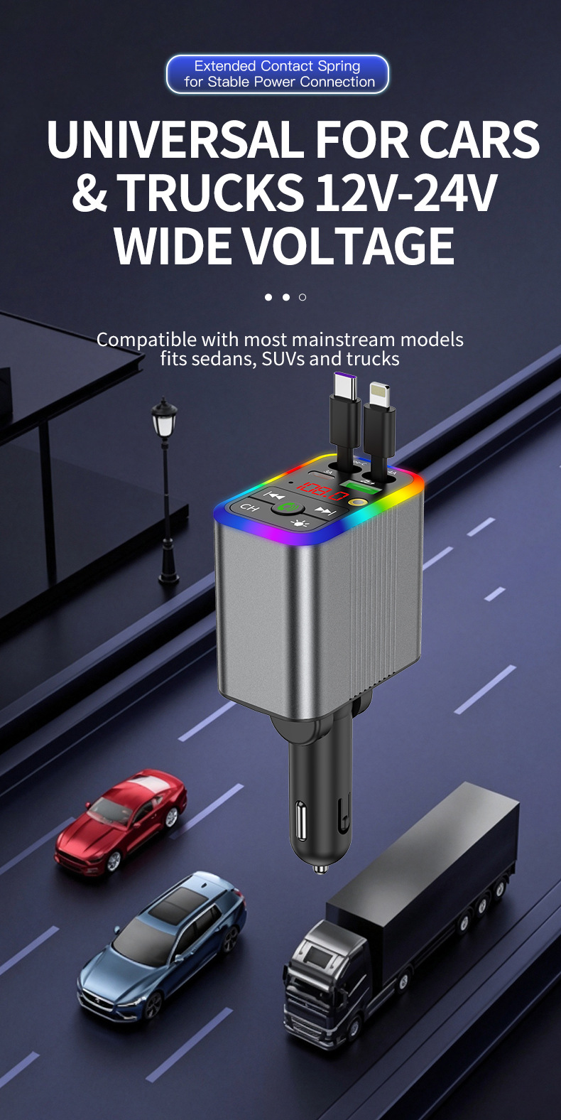 R3 car charger, Bluetooth MP3 receiver, starry sky ambient lighting, built-in retractable cable, fast charging, cross-border supply