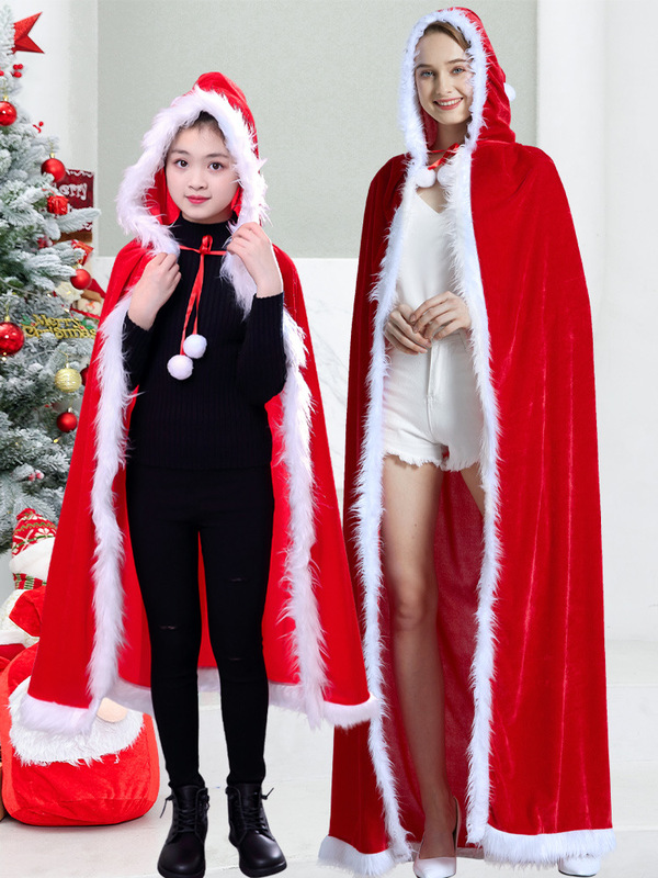 クリスマス子供大人用赤い金糸ベルベットフード付きマント長毛短毛クリスマスケープマント衣装コスチューム|undefined