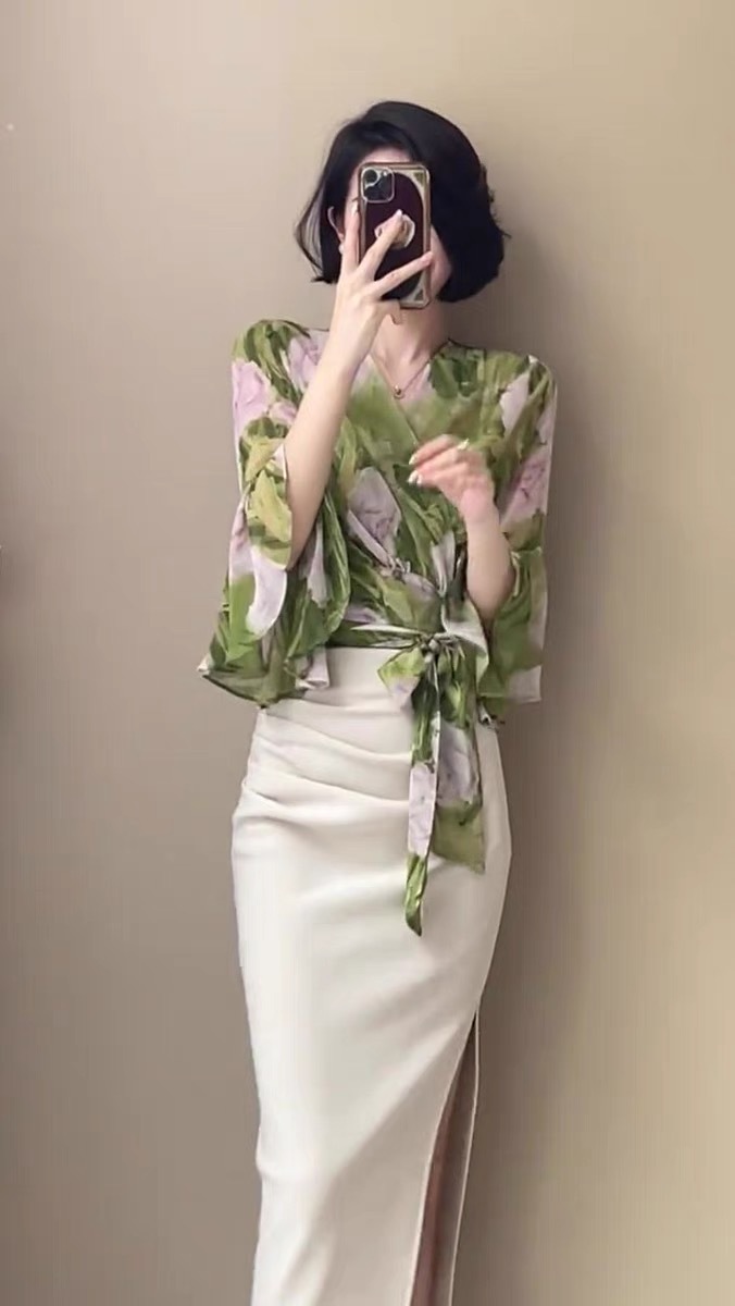 Set áo sơ mi hai mảnh váy liền nữ thần khí chất mùa hè — Áo xanh + váy trắng chi tiết 4