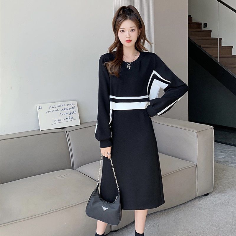 Autumn and Winter New Arrival Skirt plus size Women's Contrast Color Stitching Mid-length Fake Two-piece Dress Niche
