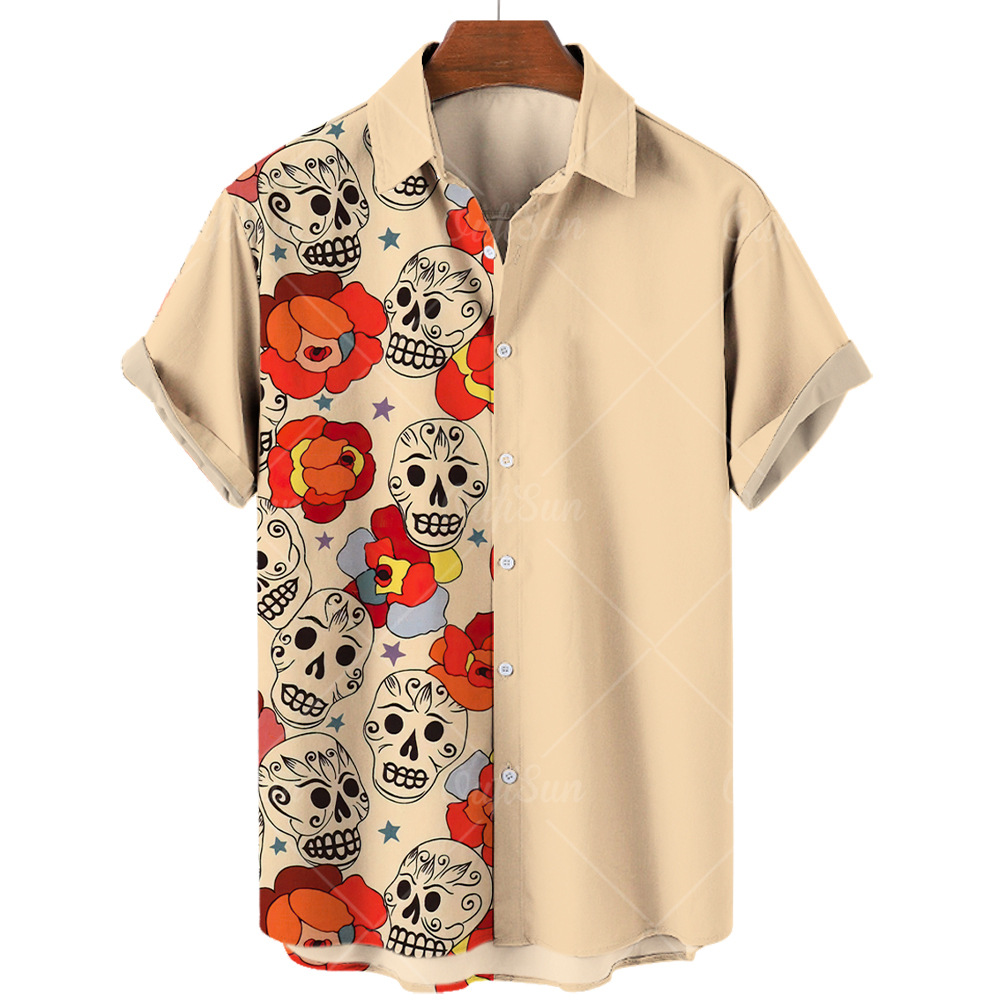 2022 New Fashion Summer Casual Skull Print Hawaiian Shirt Men's Vacation Seaside Trade