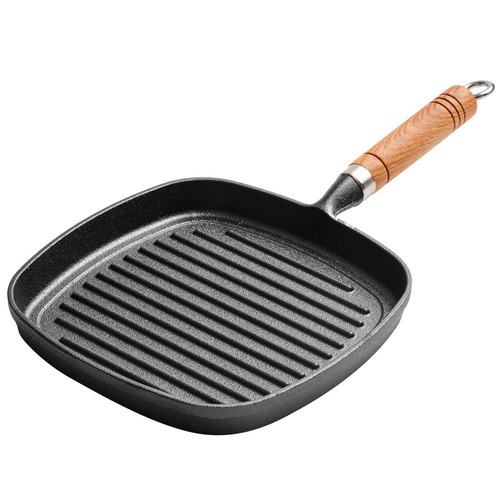 Small Happiness Cast Iron Wood Handle Pan for Home Use Striped Steak Pan Cast Iron Flat Pan Thick Pure Cast Iron Non-stick Pan