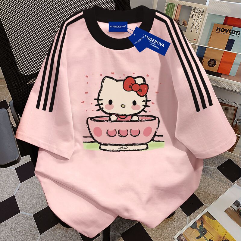 Sweet, Cool and Cute Letter Printed Three-Stripe Splicing Short-Sleeved T-Shirt for Men and Women, Summer Belly-Covering Trendy Brand Top Ins