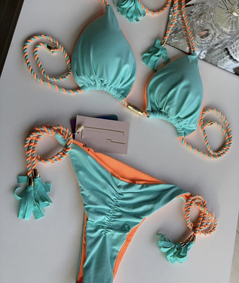 105g Weight Polyester Fabric Type split swimsuit Tops Type Swimming Pool, Beach Occasion Stripe, Solid Color Pattern Women's Gender Drawstring Craft Women's Stripe Solid Color 2 Pieces Set Bikinis Swimwear 2