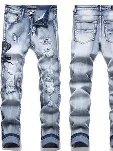 Customized new foreign trade European-style streetwear blue snake embroidered stretch slim-fit men's jeans for teenagers