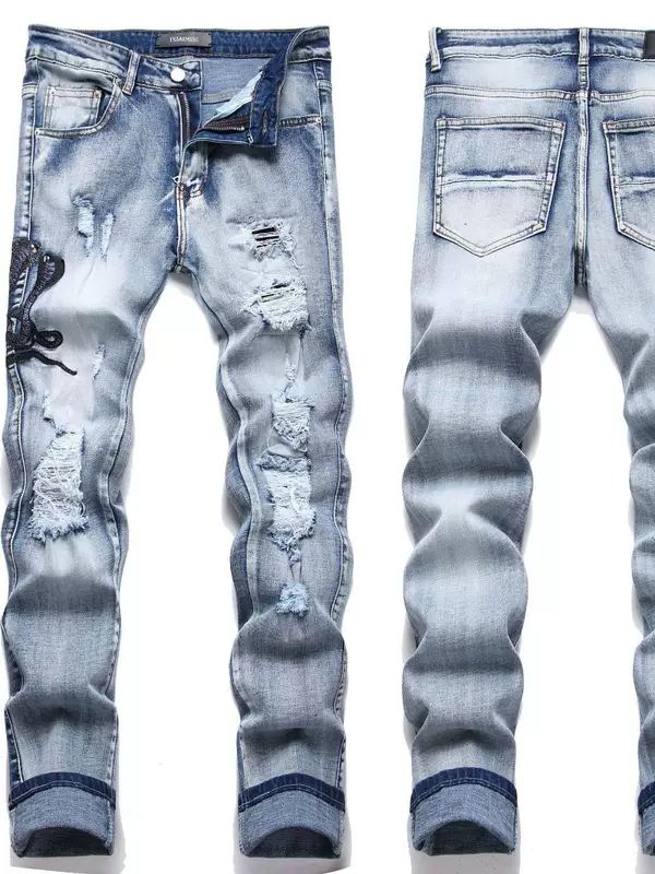 Customized new foreign trade European-style streetwear blue snake embroidered stretch slim-fit men's jeans for teenagers