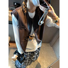 摩且 街区腔调范 老钱复古哑光PU皮松紧下摆马甲外套叠穿 MQ0793