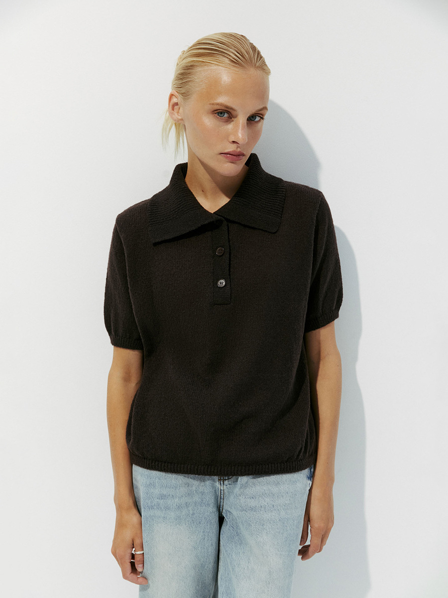 Suéter de manga corta de punto hueco Polo transfronterizo 2025 primavera y verano nueva camiseta de manga abullonada suéter de punto simple mujer