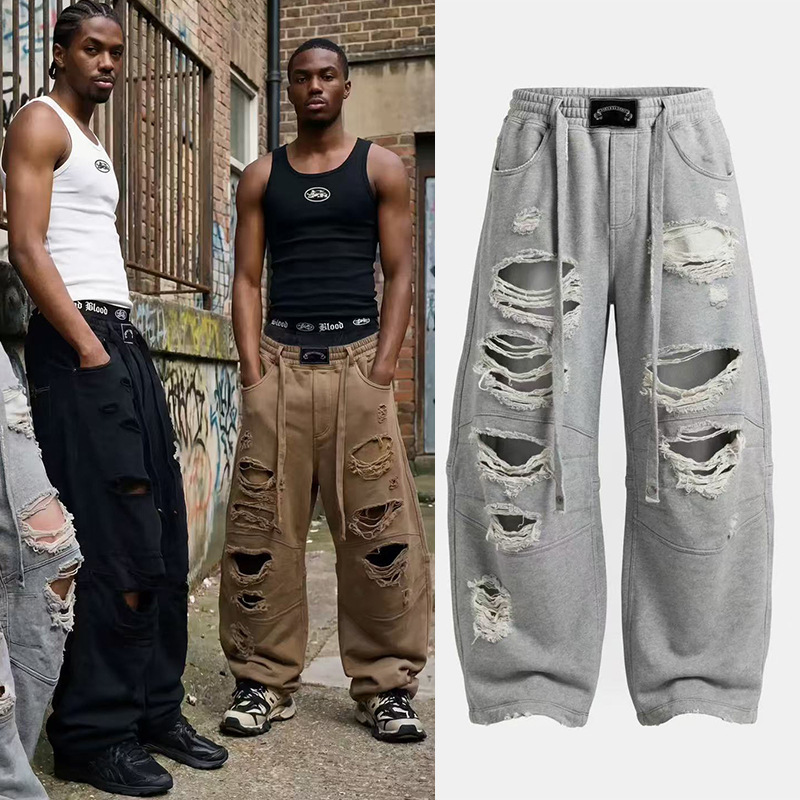 Badblood Vintage Distressed Drapey Casual Sweatpants European and American Style Unisex Street Loose Wide-Leg Pants Dance Pants Badblood Vintage Distressed Drapey Casual Sweatpants European and American Style Unisex Street Loose Wide-Leg Pants Dance Pants