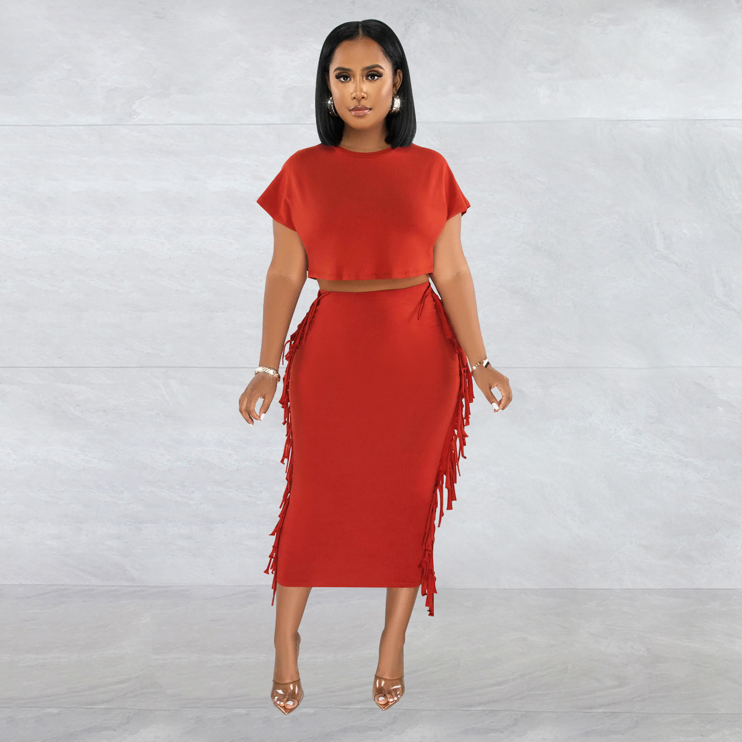 Women Wear Solid Color Tassel Round Neck Short Sleeve Two Piece Set