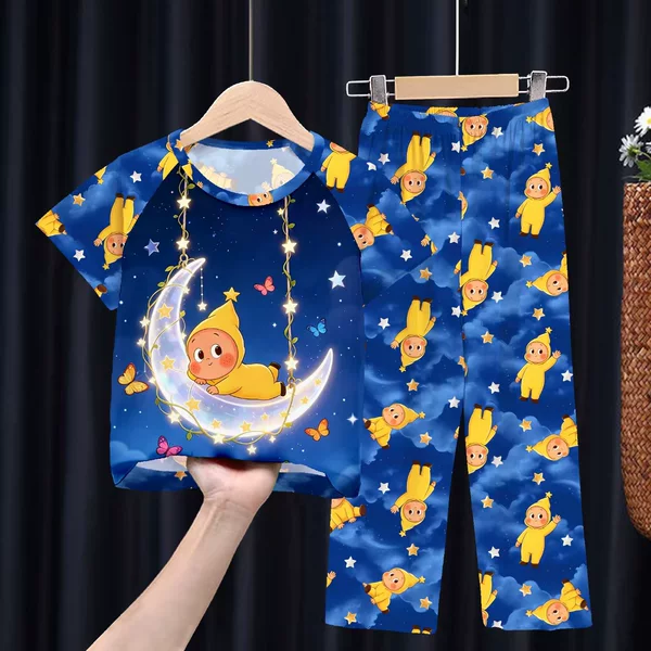Pajamas Spring and Summer Short-Sleeved Long Pants Boys and Girls Cartoon Star Man Set Kpop Home Wear Thin Air-Conditioned Clothing