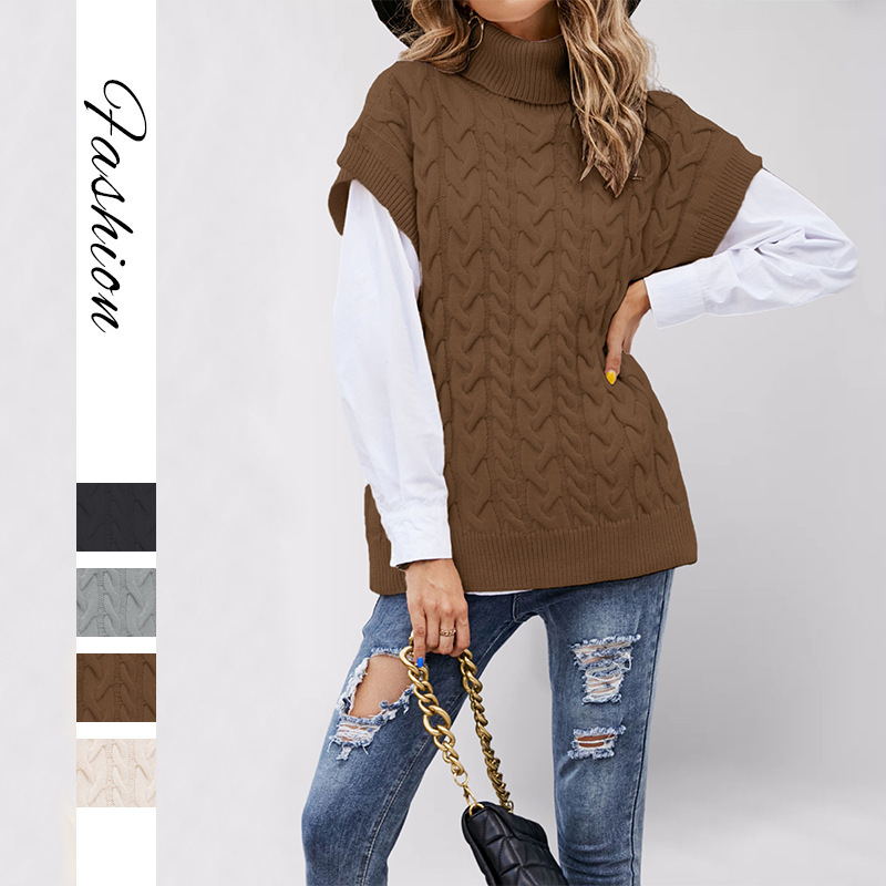 Autumn and Winter European and American Cross-Border Women's Clothing Amazon Sleeveless Rope Vest Knitted Loose Pullover Turtleneck Sweater 2026 Autumn and Winter European and American Cross-Border Women's Clothing Amazon Sleeveless Rope Vest Knitted Loose Pullover Turtleneck Sweater 2026