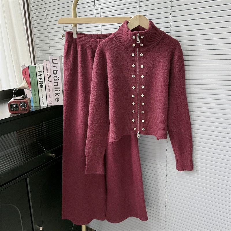 Корейская версия ленивого ветра с высоким вырезом на молнии двойной свободный свитер куртка модная повседневная широкая брюки высокого уровня трикотажный набор