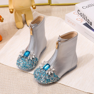 Children's Princess Boots 2025 Autumn and Winter Shoes Girls' Boots Little Girls Elsa Crystal Short Boots Plus Velvet Soft Soled Leather Boots