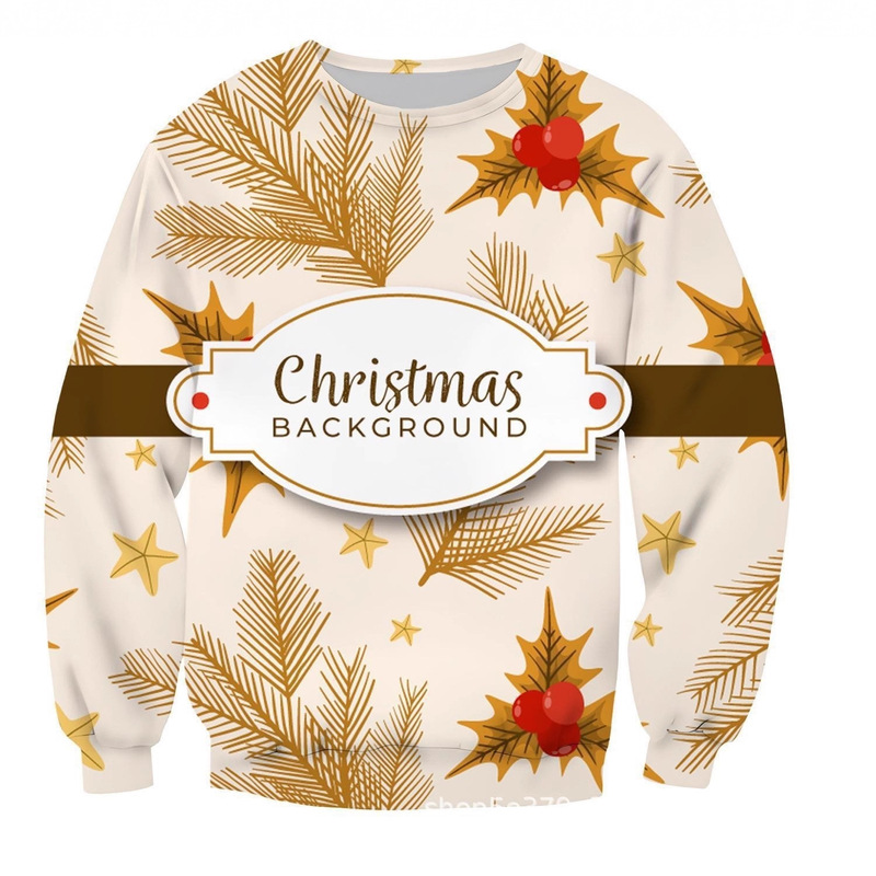Cross-Border Amazon Golden Branches and Leaves Christmas Theme Sweatshirt Retro 3D Printed Holiday Party Long-Sleeved Round Neck Sweatshirt