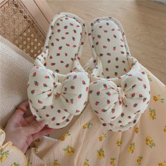 Adorable girl heart bow summer linen slippers for indoor home use flat four-season fabric floor slippers for women