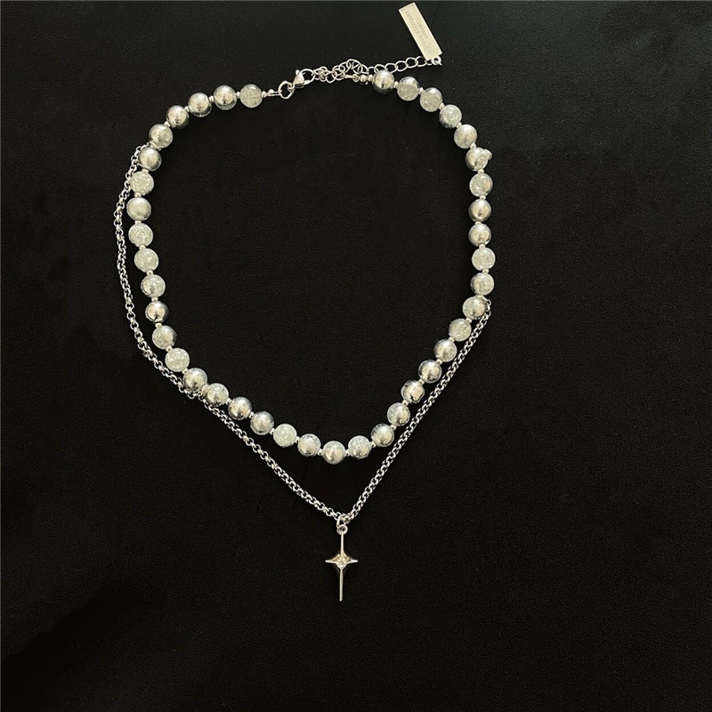 Double Layered Stainless Steel Necklace Niche Cross Round Bead Cold Wind Y2k Male And Female Clavicle Chain display picture 6