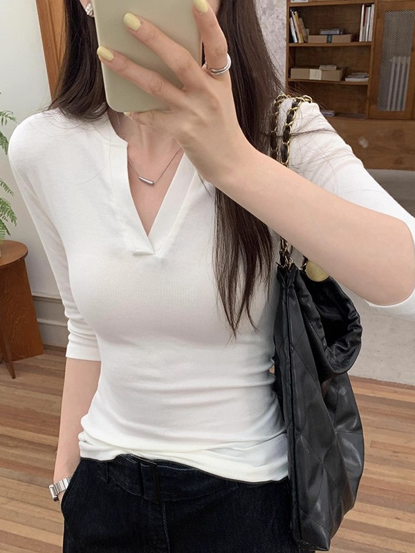 漂亮V领修身辣妹薄T恤女初秋新款美式高级感长袖chic上衣|undefined