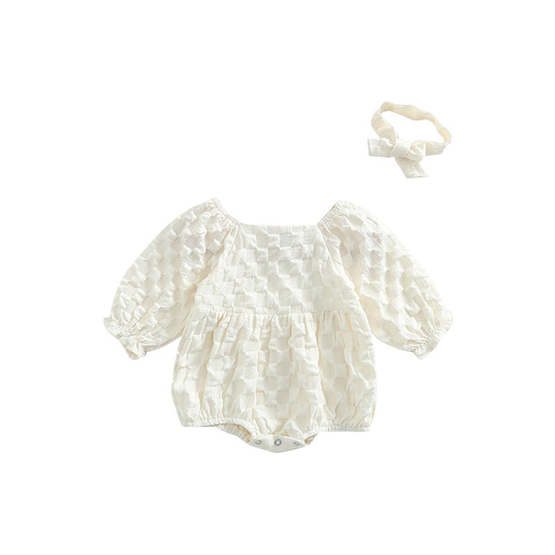 Estilo coreano ins niñas bebé burbuja tela cuello cuadrado mameluco recién nacido suave todo partido tres mamelucos con pañuelo en la cabeza moda