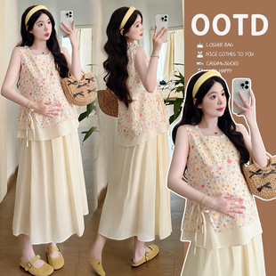 Maternity Suit Summer Dress 2025 New Fashion Lazy Style Floral Embroidered Top Summer Half Skirt Two-Piece Set