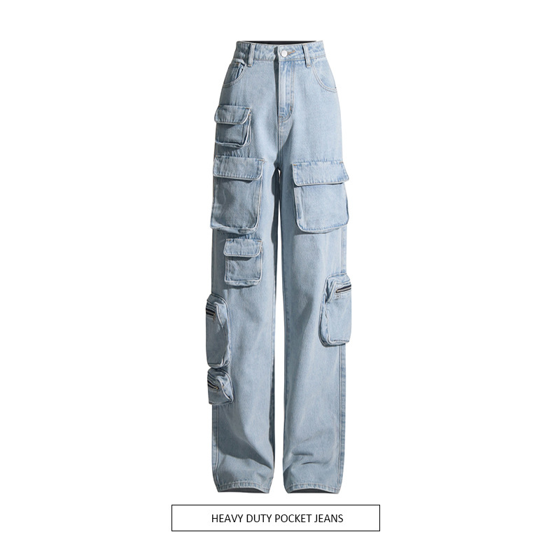 Vaqueros cargo de cintura alta con lavado azul claro vintage para mujer, otoño 2025, nueva moda, pantalones con cremallera y bolsillos grandes
