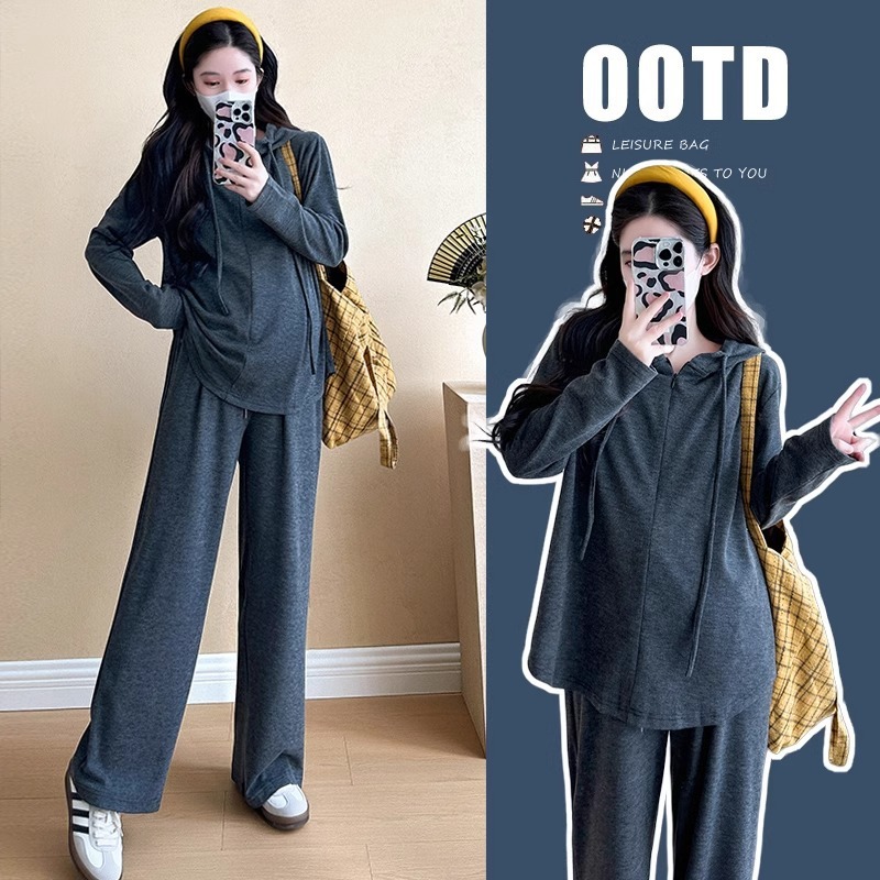 (2개) 임산부 의류 봄과 가을 새 반 지퍼 후드 느슨한 옷 트렌디 한 엄마 서양식 스트레이트 캐주얼 바지 투피스 세트