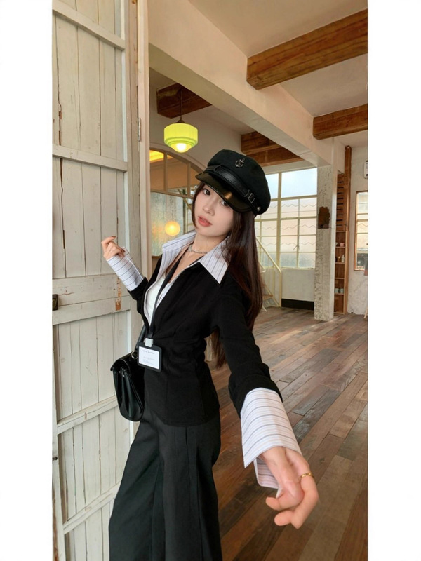 【工厂直销】假两件拼接翻领针织衫女冬季设计感收腰修身百搭上衣|undefined