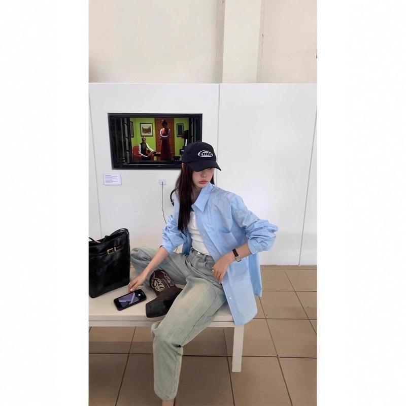 蓝色纯棉百搭衬衫女秋季新款韩系休闲纯棉宽松慵懒风外套长袖衬衣|undefined
