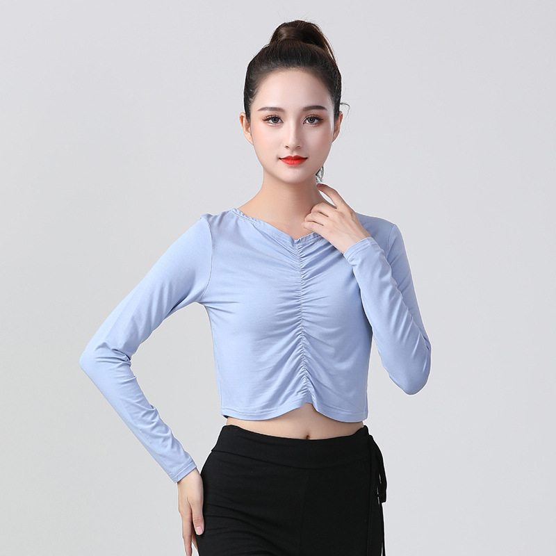 2021拉丁舞服舞蹈练功服舞衣女成年新款抽绳长袖上衣性感跳舞衣服