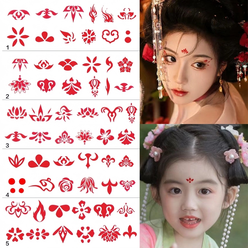 額用プリントメイク漢服、古代風ステッカー、子供用フェイスステッカー、妖精タトゥー、花ステッカー、眉ステッカー、新年|undefined