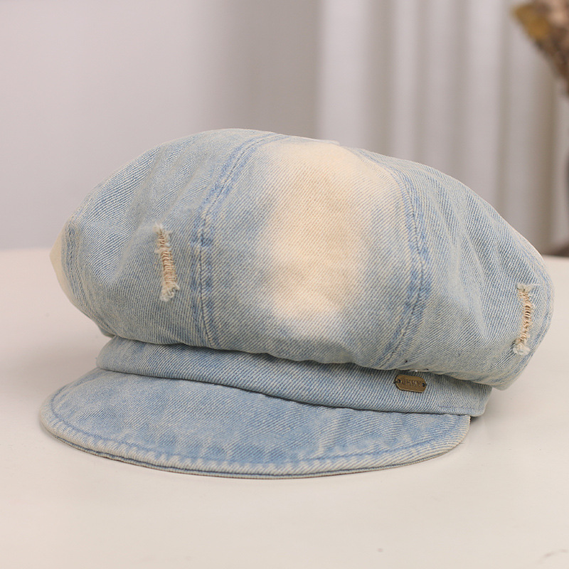 Nuevo agujero coreano viejo vaquero boina boca de pato niño cara pequeña sombrero de octogono sombrero de artista de moda retro