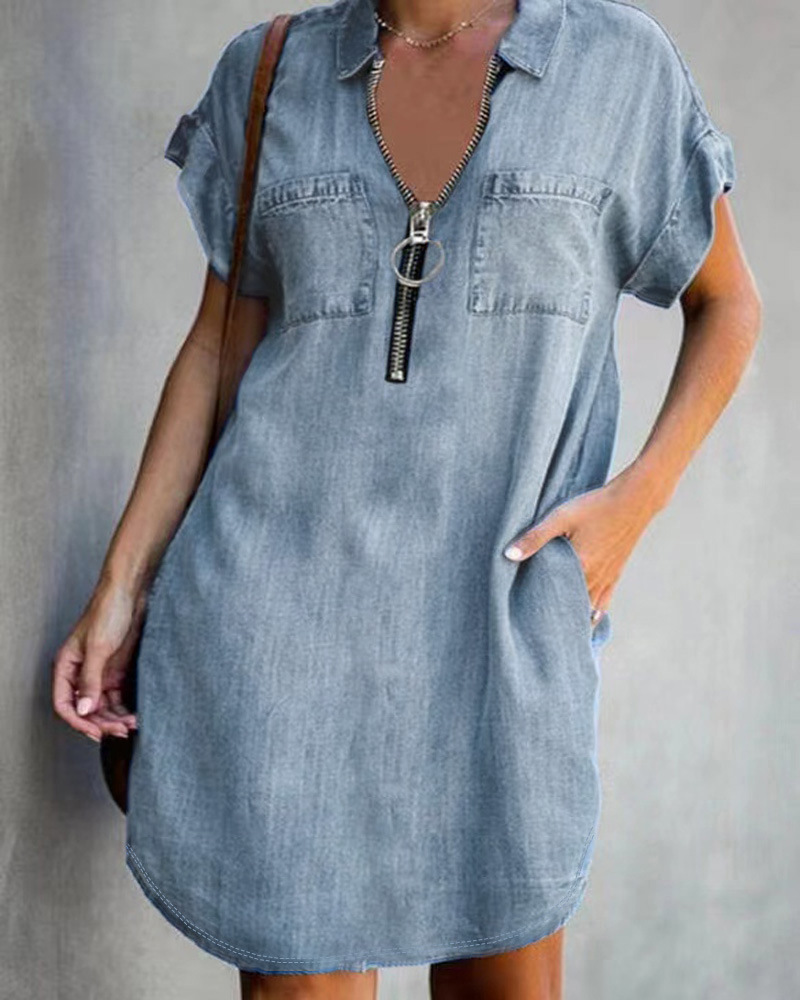 Women's Denim Dress Casual Turndown Zipper Short Sleeve Solid Color Knee-length Street display picture 4