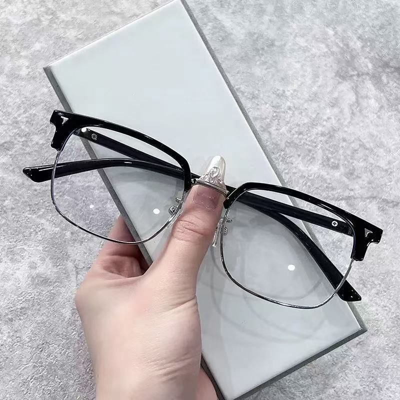 Eyebrow-Style Business Blue Light Blocking Glasses, Square Frame Metal Rimless Trendy Half-Frame Men's Tr90 Eyeglass Frame