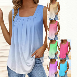 2024 Summer European and American Foreign Trade Amazon Fashion Gradient Solid Color Leopard Print Star Large Size Women's Sleeveless Square Neck Vest
