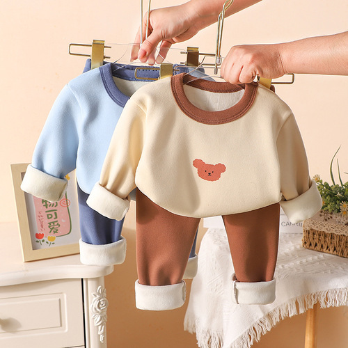Autumn and winter children's velvet autumn clothes and long trousers for boys and girls, low-collar warm and medium-sized children's color matching velvet thermal underwear set