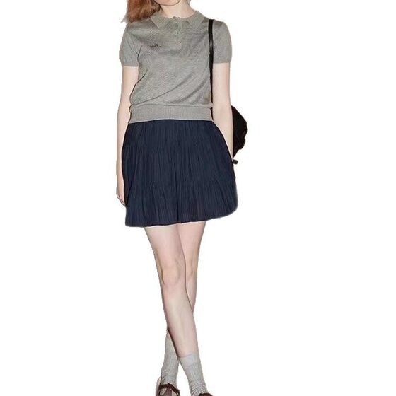 Soft Waxy Short-sleeved Sweater Women's Spring/Summer 2025 New Academy-style Letter Embroidered Short Shirt