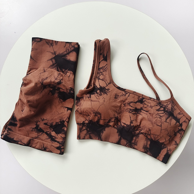 Cintura alta, cadera, melocotón, traje de teñido anudado deportivo, traje de yoga de hombro inclinado a prueba de golpes para mujer