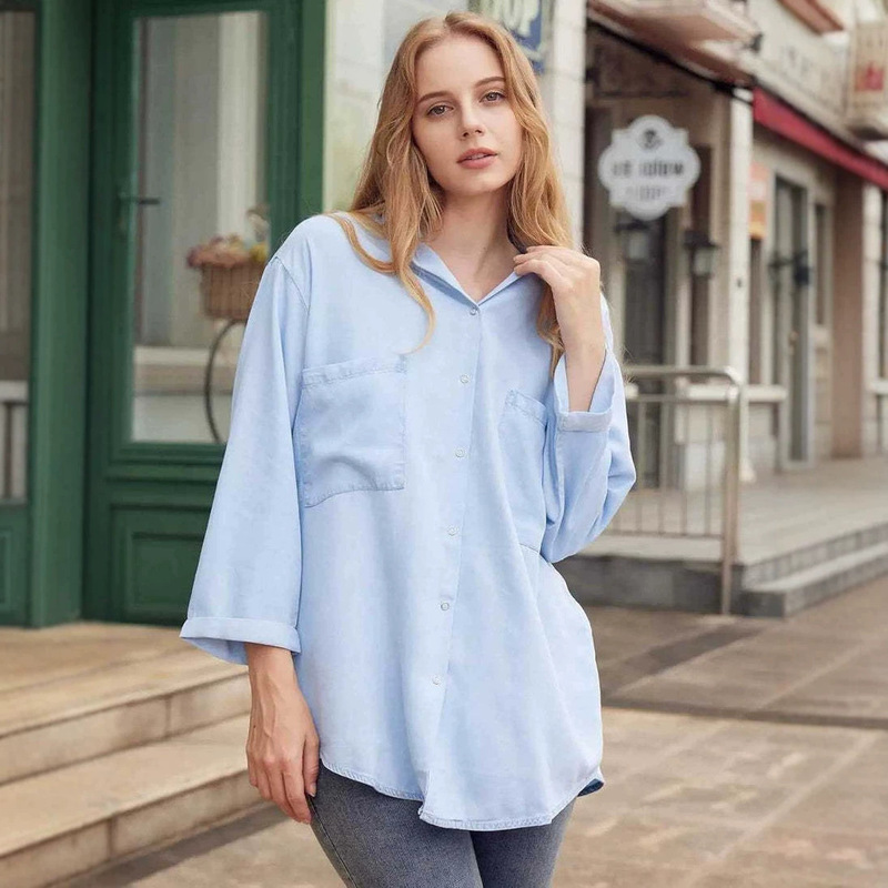 2026 Cross-Border Summer-Autumn Women's Tencel Denim Shirt, Loose Fit, Three-Quarter Sleeves, Double Pockets, Versatile, Plus Size, Long Sleeve Shirt 2026 Cross-Border Summer-Autumn Women's Tencel Denim Shirt, Loose Fit, Three-Quarter Sleeves, Double Pockets, Versatile, Plus Size, Long Sleeve Shirt