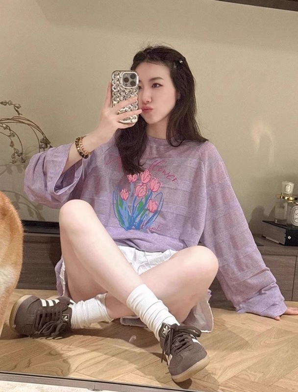 紫色印花圆领长袖休闲T恤女秋季韩系慵懒风外搭绝美减龄薄款上衣|undefined