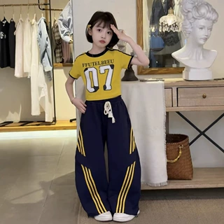 美式撞色拼接字条杠母印花修身短袖女童夏新款甜酷拉条弯刀裤套装