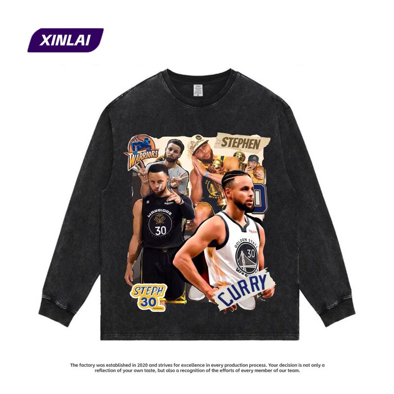 Summer Pure Cotton Stephen Curry Poster Print American Retro Short-Sleeved Men's High Street T-Shirt Men's Trendy Long-Sleeved Wholesale