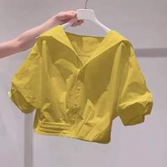 超好看黄色翻领短袖衬衫女2025夏季新款时尚宽松慵懒风短款上衣潮