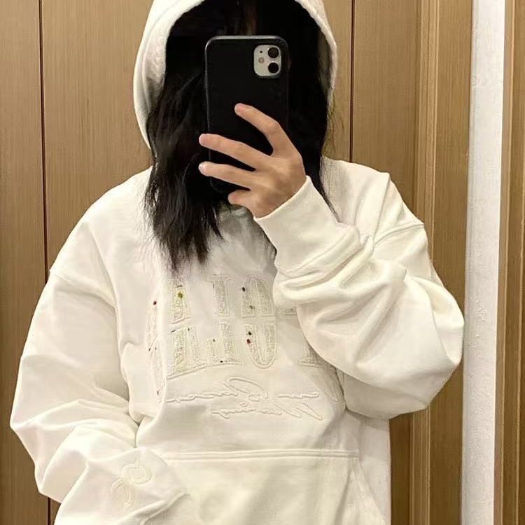 加绒白色连帽卫衣女2025秋冬宽松美式慵懒风chic早秋国潮设计外套|undefined