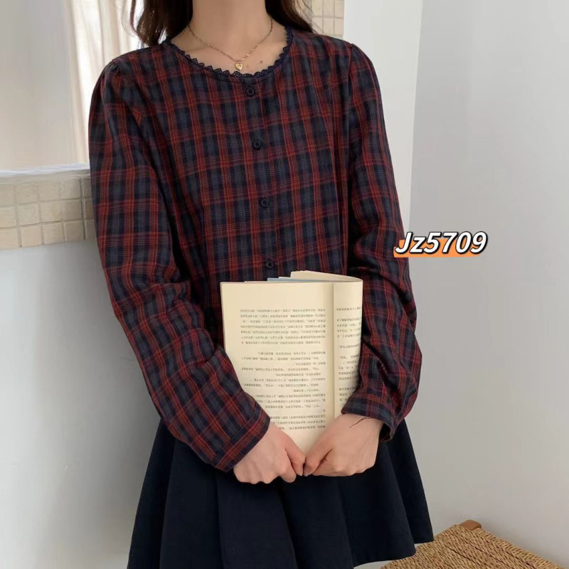 琪镌绘制时尚上衣秋季新款花边领圆领衬衣女装小清新长袖格子衬衫|undefined
