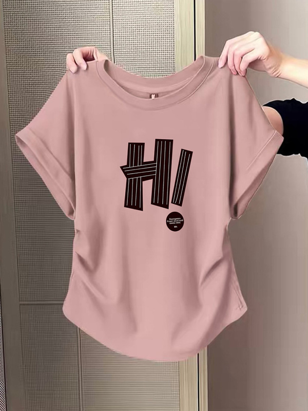 デザインされた小さなフライングスリーブ右肩ピュアコットン半袖Tシャツ女性用2025夏の新しい不規則なプリーツウエストトップ|undefined