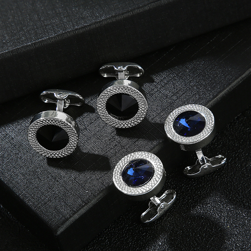 New Round Blue Crystal Zircon Cufflinks Fashion French Men's Shirt Cufflinks display picture 2